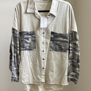POL Cream Button-Up Shirt with Camo Accents